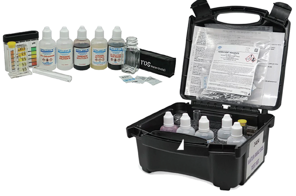 Deluxe Water Treatment Test Kit shown with its hard plastic case, chemical bottles, test strips, and instructions.