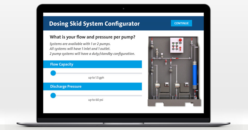 A laptop showing the home page of the Grundfos Skid System Configurator.