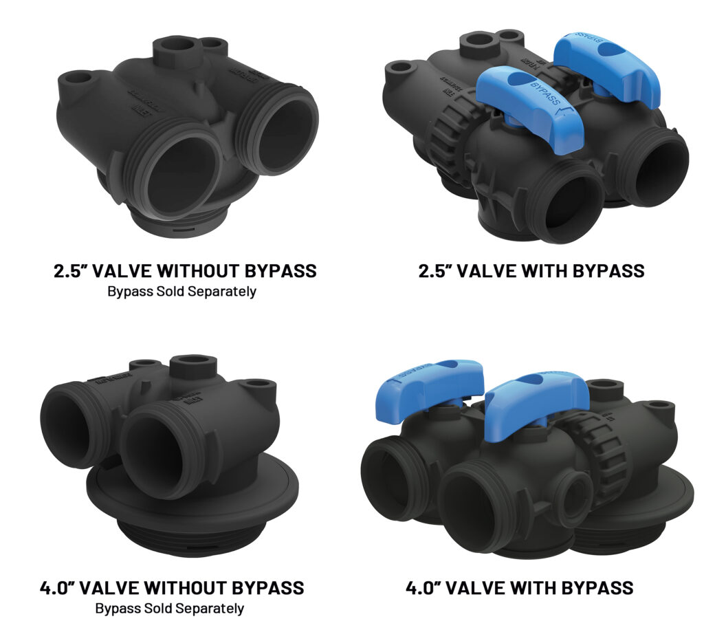 New Fleck 125 In-and-Out Valve heads shown with and without bypass.