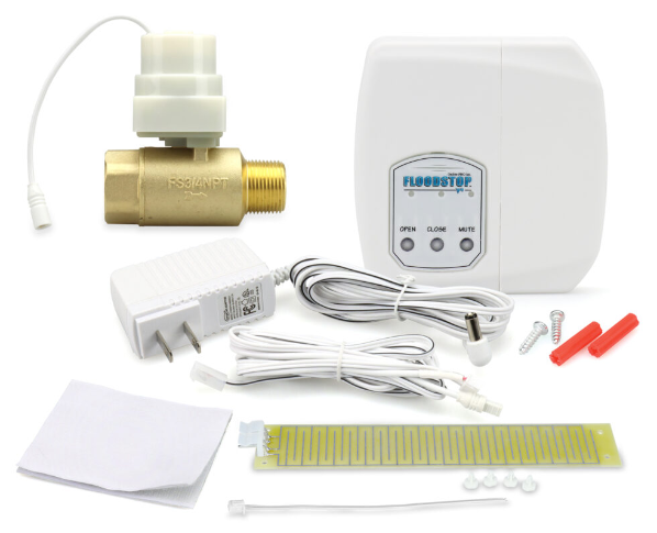 The Floodstop system shown with the control unit, ball valve, AC adapter, screws and anchors, and installation accessories.