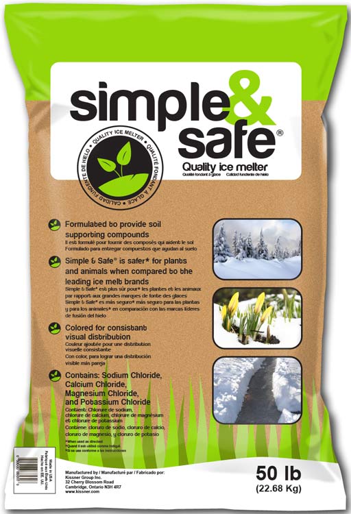Back of Simple Safe ice melt with text on the bag showing that it is safe for animals, and formulated to provide soil supporting compounds.