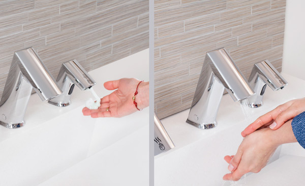 The Sloan BASYS fixtures are shown dispensing soap and water in polished chrome finish.