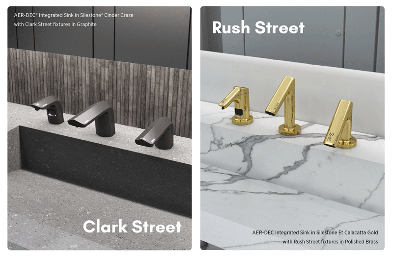 Clark Street fixtures have a along the top edge, shown in graphite dark-gray matte finish. The Rush Street fixtures are curved and rounded, and are shown in polished brass