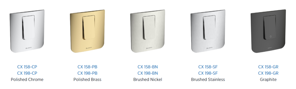 Sloan CX Concealed manual Flushometers show in chrome, brass, brushed nickel and stainless, and graphite.