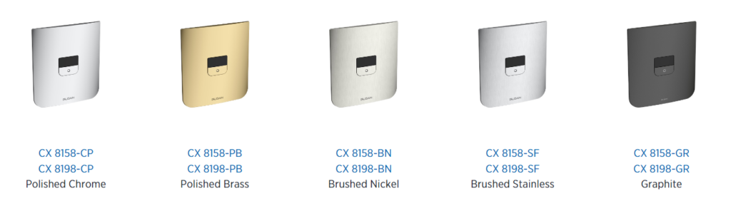 Sloan CX Concealed Flushometer shows in chrome, brass, brushed nickel and stainless, and graphite.