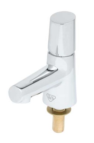The upgraded LakeCrest Metering Faucet features one-button start and a shiny, stainless-steel finish.