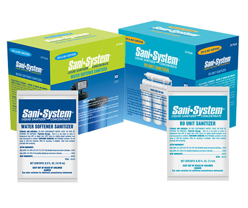 Sani-System water treatment system that kills bacteria in systems like water softeners and RO Units.